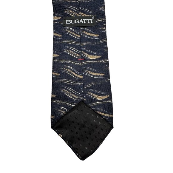 Bugatti Mens Silk Tie Navy & Gold Wave Pattern Made In USA - Picture 3 of 7